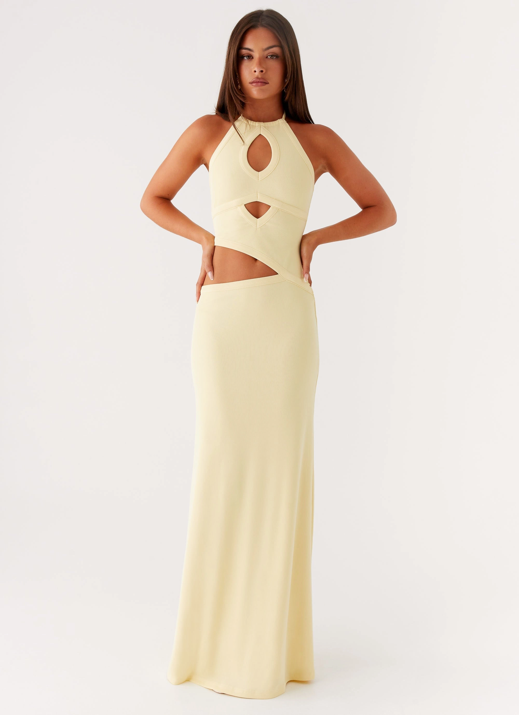 Lanah Cut Out Maxi Dress - Yellow Urban Minimalism Chilly Weather Comfort