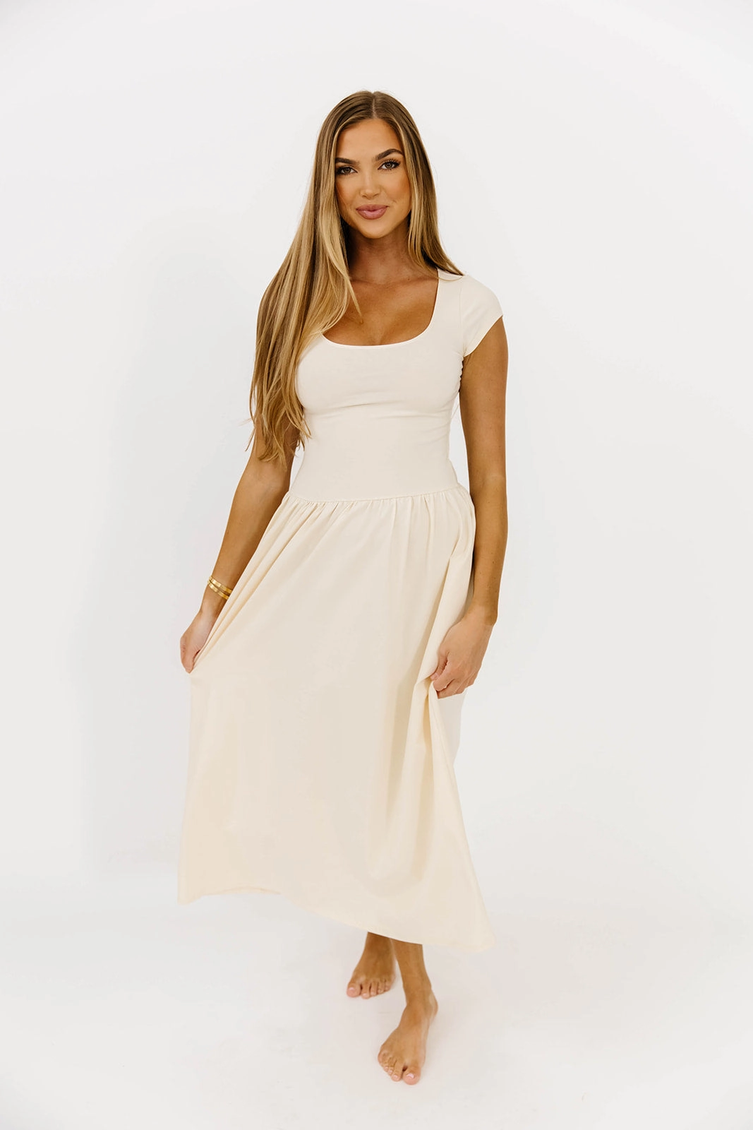 Warm Undertone Fashion Fit Larissa Cap Sleeve Midi Dress in Ecru