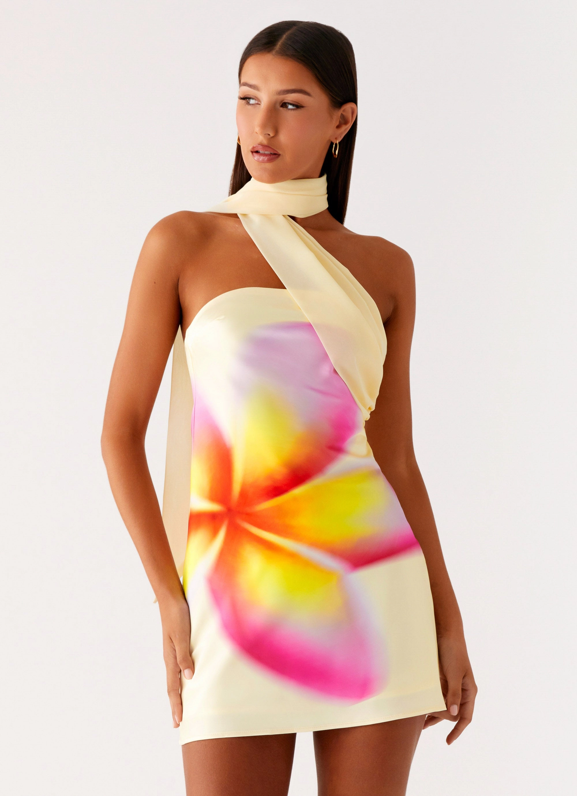 Isa Scarf Satin Mini Dress - Frangipani Yellow Light Fabric Smooth-Lining