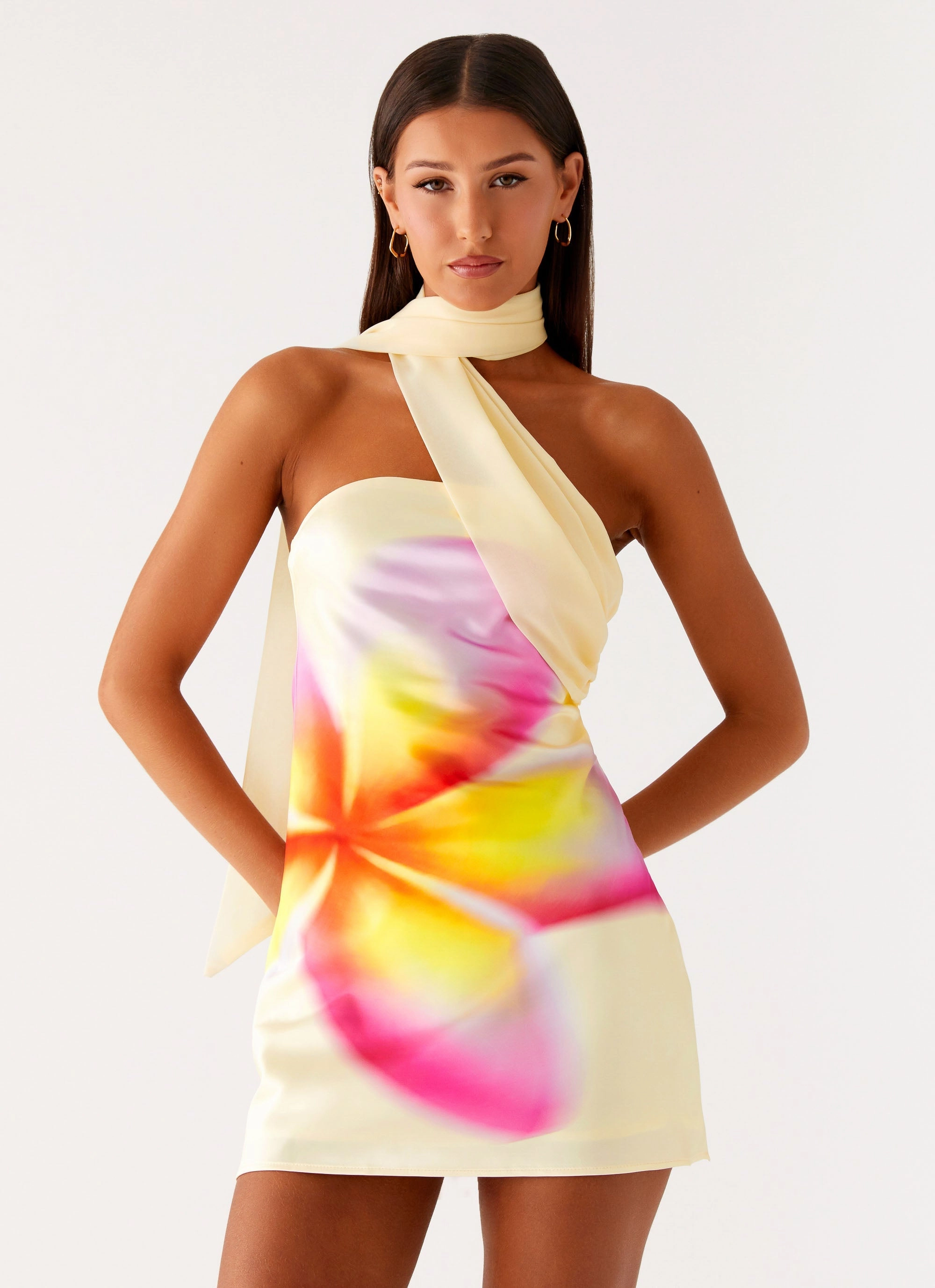 Minimal Detail Isa Scarf Satin Mini Dress - Frangipani Yellow