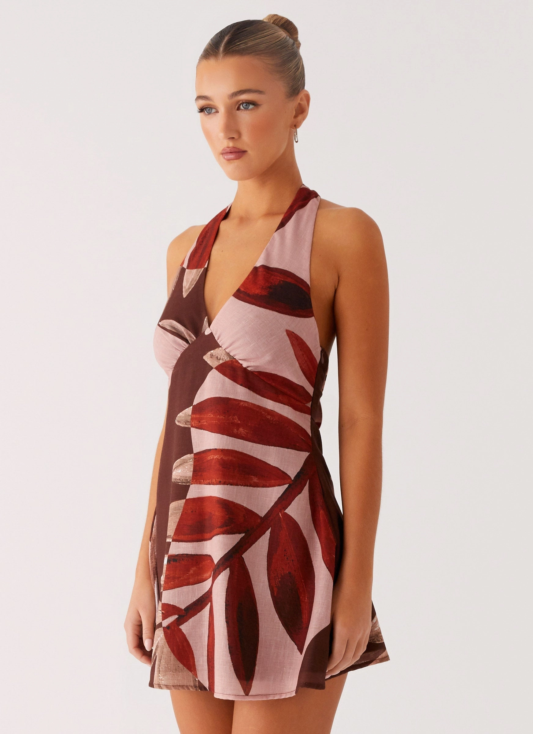 Heavy Hearted Linen Mini Dress - Cinnamon Palm Bare Glow