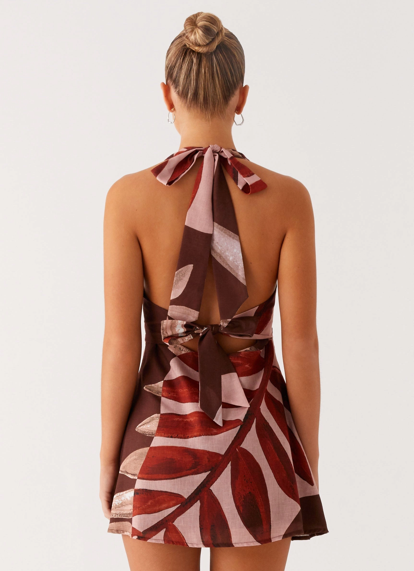 Front-Zip Outdoor Scene Heavy Hearted Linen Mini Dress - Cinnamon Palm