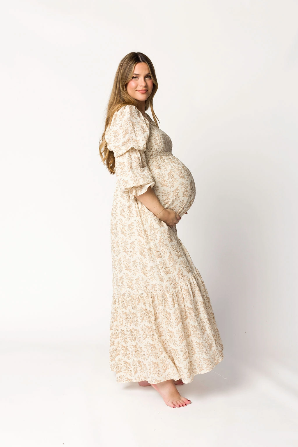 Silky texture Bold Structure Emerson 100% Cotton Gauze Maxi Dress in Natural/Tan Floral - Bump Friendly
