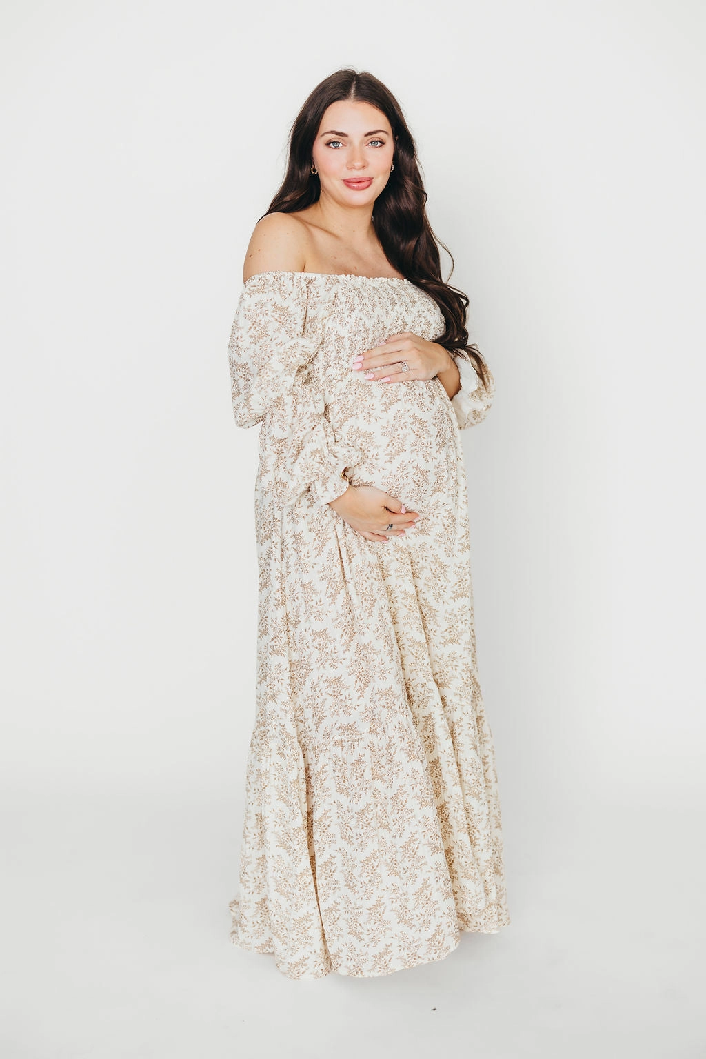 Emerson 100% Cotton Gauze Maxi Dress in Natural/Tan Floral - Bump Friendly Cool Touch Mood Flex