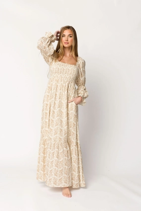 Minimalist Style Versatile Layering Emerson 100% Cotton Gauze Maxi Dress in Natural/Tan Floral - Bump Friendly