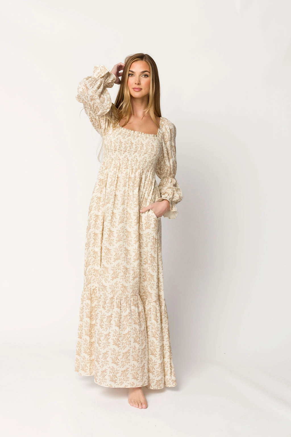 Minimalist Style Versatile Layering Emerson 100% Cotton Gauze Maxi Dress in Natural/Tan Floral - Bump Friendly