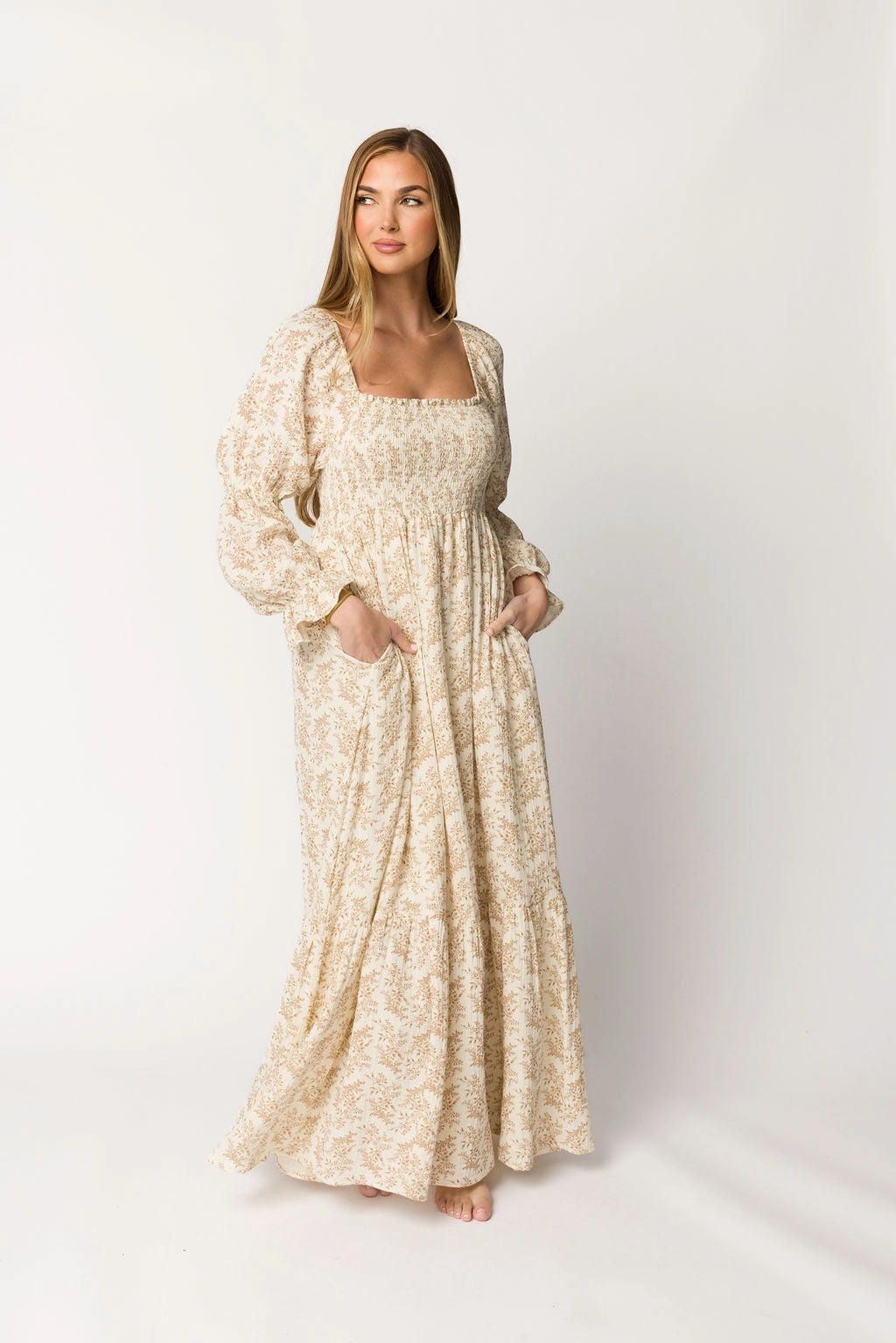 Relaxed-fit Perfect Cut Emerson 100% Cotton Gauze Maxi Dress in Natural/Tan Floral - Bump Friendly