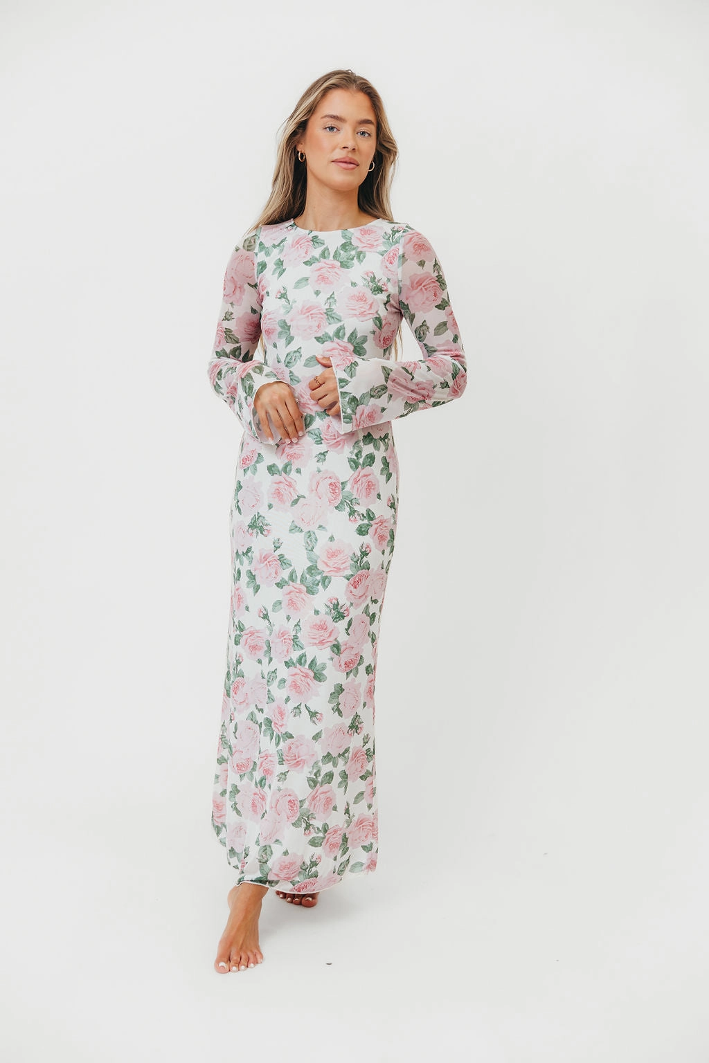 Leeland Floral Print Bell Sleeve Maxi Dress in Light Pink Fall Mood