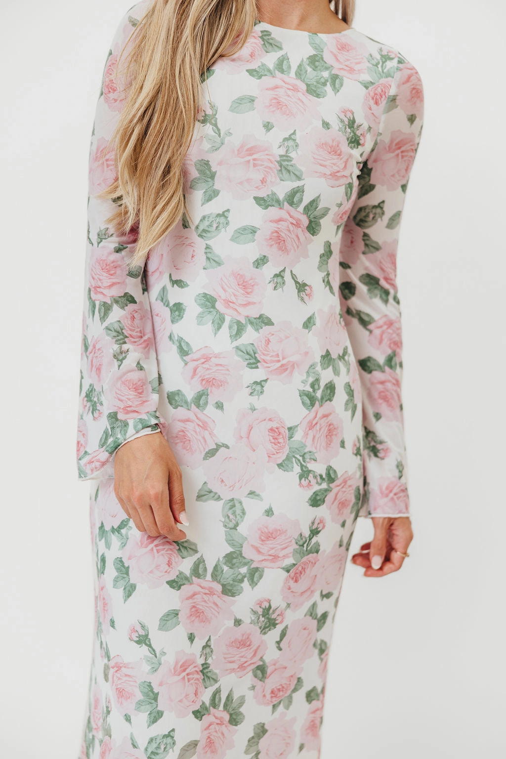 Leeland Floral Print Bell Sleeve Maxi Dress in Light Pink countryside Light Silhouette