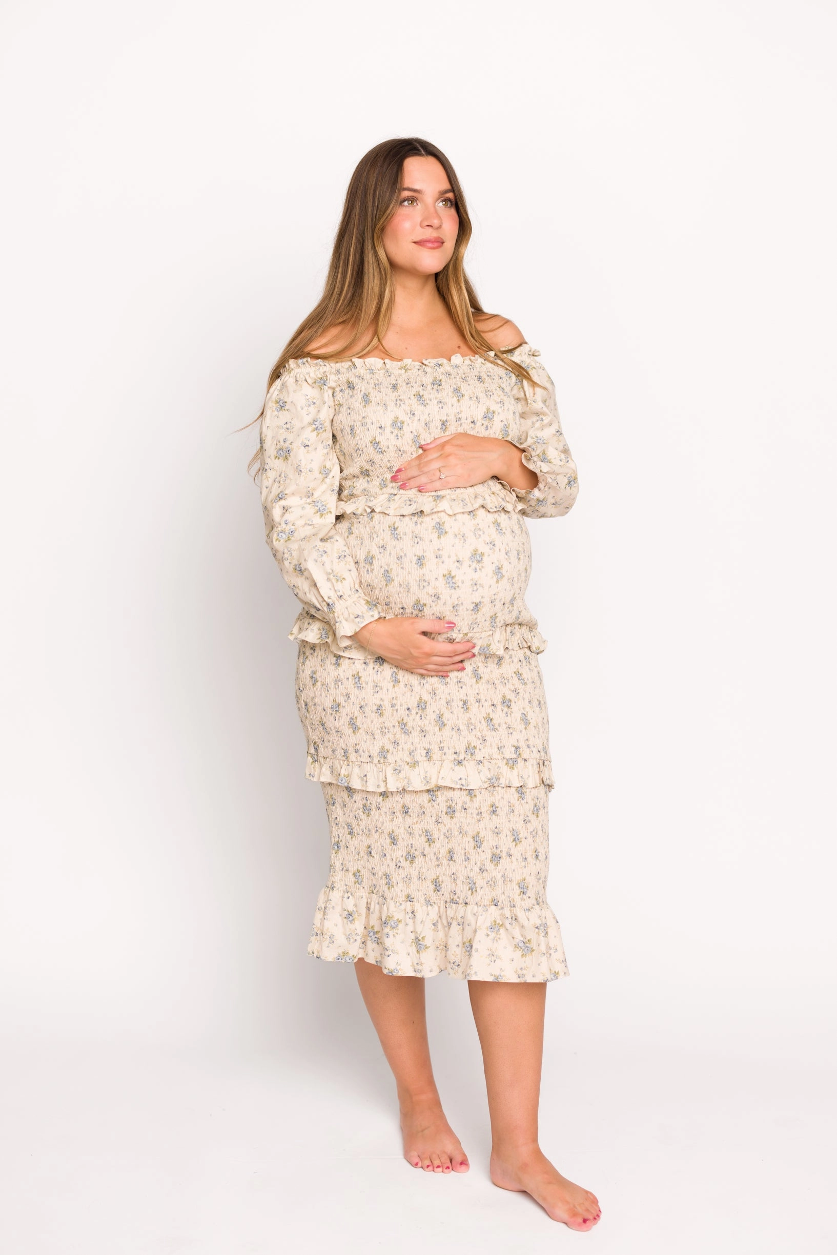 Lila Floral Printed Smocked Midi Dress in Blue - Bump Friendly *Final-Sale* Chic and Flattering Work Ease