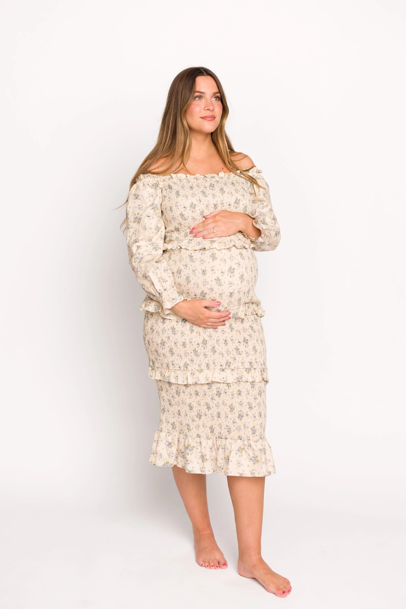 Vibrant color Lila Floral Printed Smocked Midi Dress in Blue - Bump Friendly *Final-Sale*