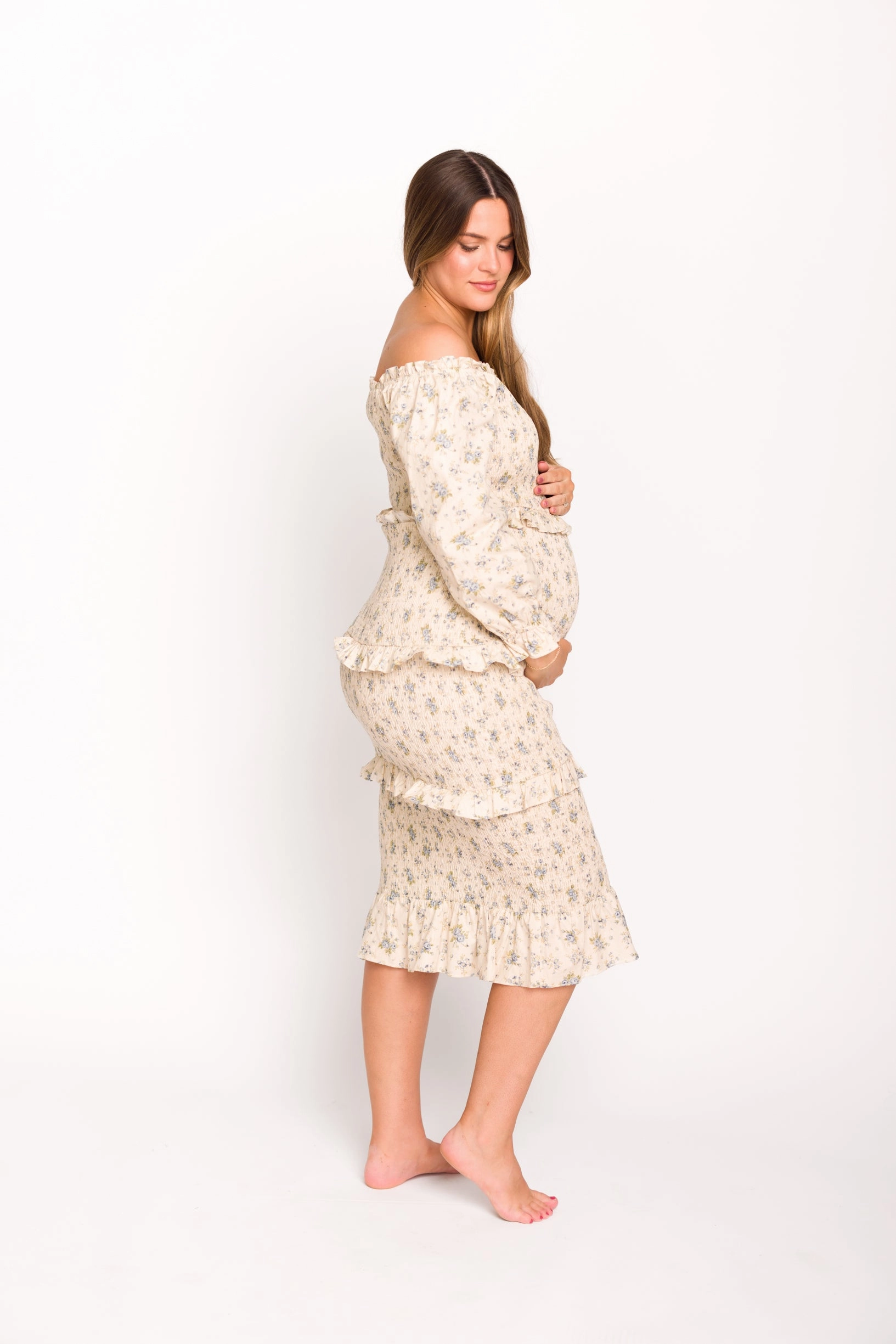 Fitted Neat Fit Clean Lila Floral Printed Smocked Midi Dress in Blue - Bump Friendly *Final-Sale*