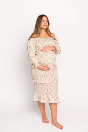 Lila Floral Printed Smocked Midi Dress in Blue - Bump Friendly *Final-Sale* Chic and Flattering Work Ease