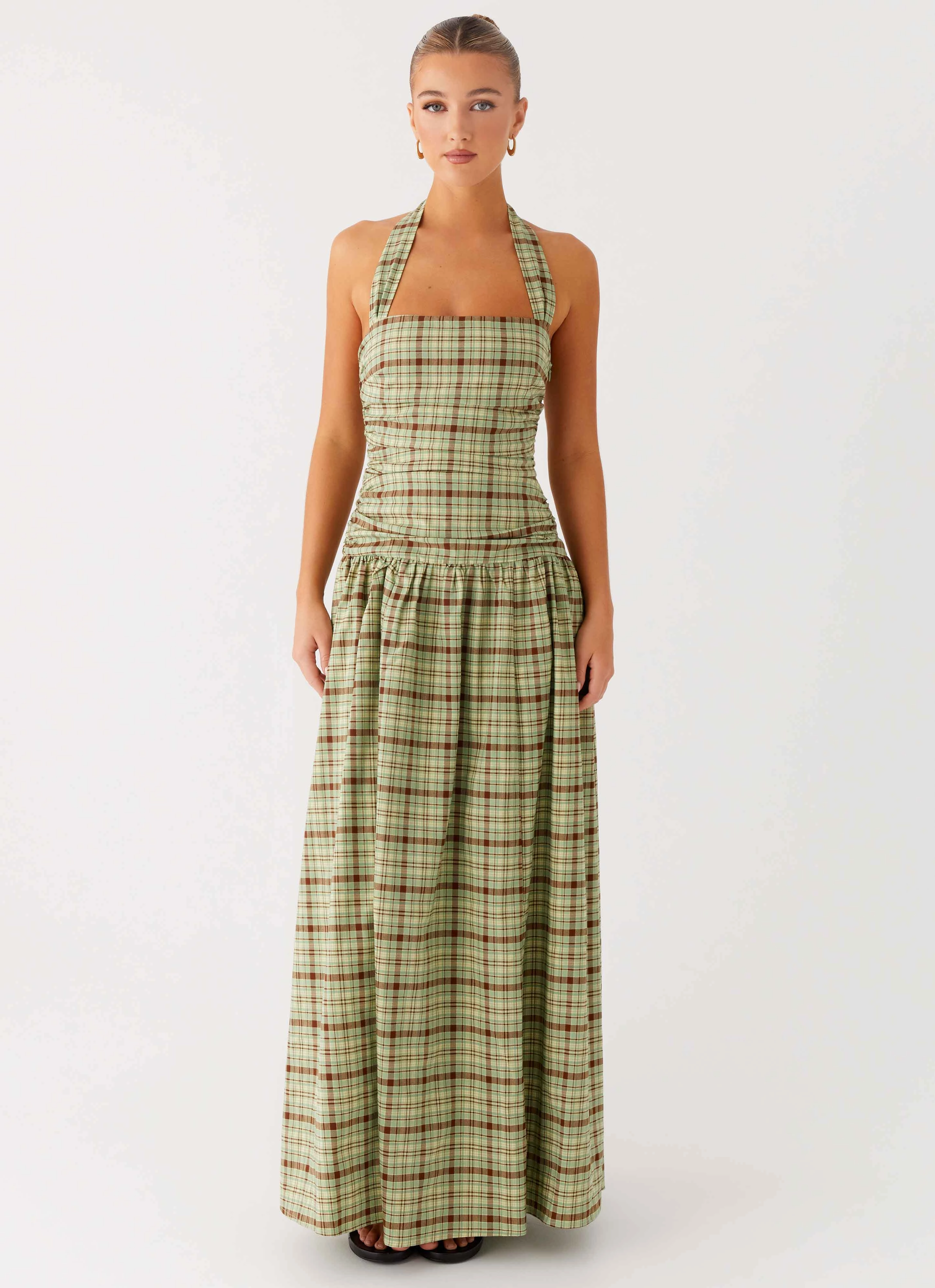 Statement Neck Lilith Maxi Dress - Forest Plaid