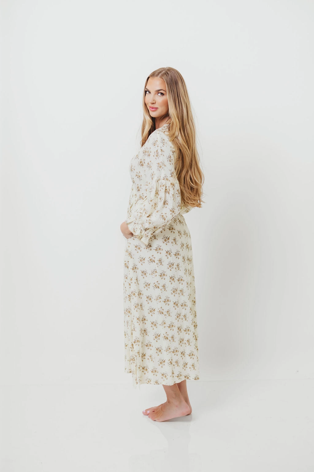 All Purpose Subtle Glow Hunter 100% Cotton Gauze Maxi Dress with Detail Trimming in Cream Taupe Floral - Bump Friendly and Inclusive Sizing