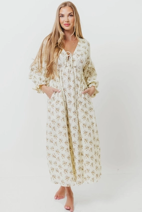 Hunter 100% Cotton Gauze Maxi Dress with Detail Trimming in Cream Taupe Floral - Bump Friendly and Inclusive Sizing Chic Tailoring