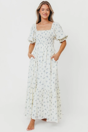 Livvy 100% Cotton Maxi Dress in Dusty Blue Floral - Bump Friendly & Inclusive Sizing Transitional Style