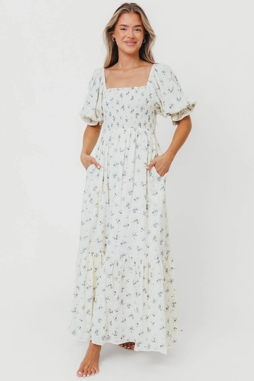 Livvy 100% Cotton Maxi Dress in Dusty Blue Floral - Bump Friendly & Inclusive Sizing Transitional Style