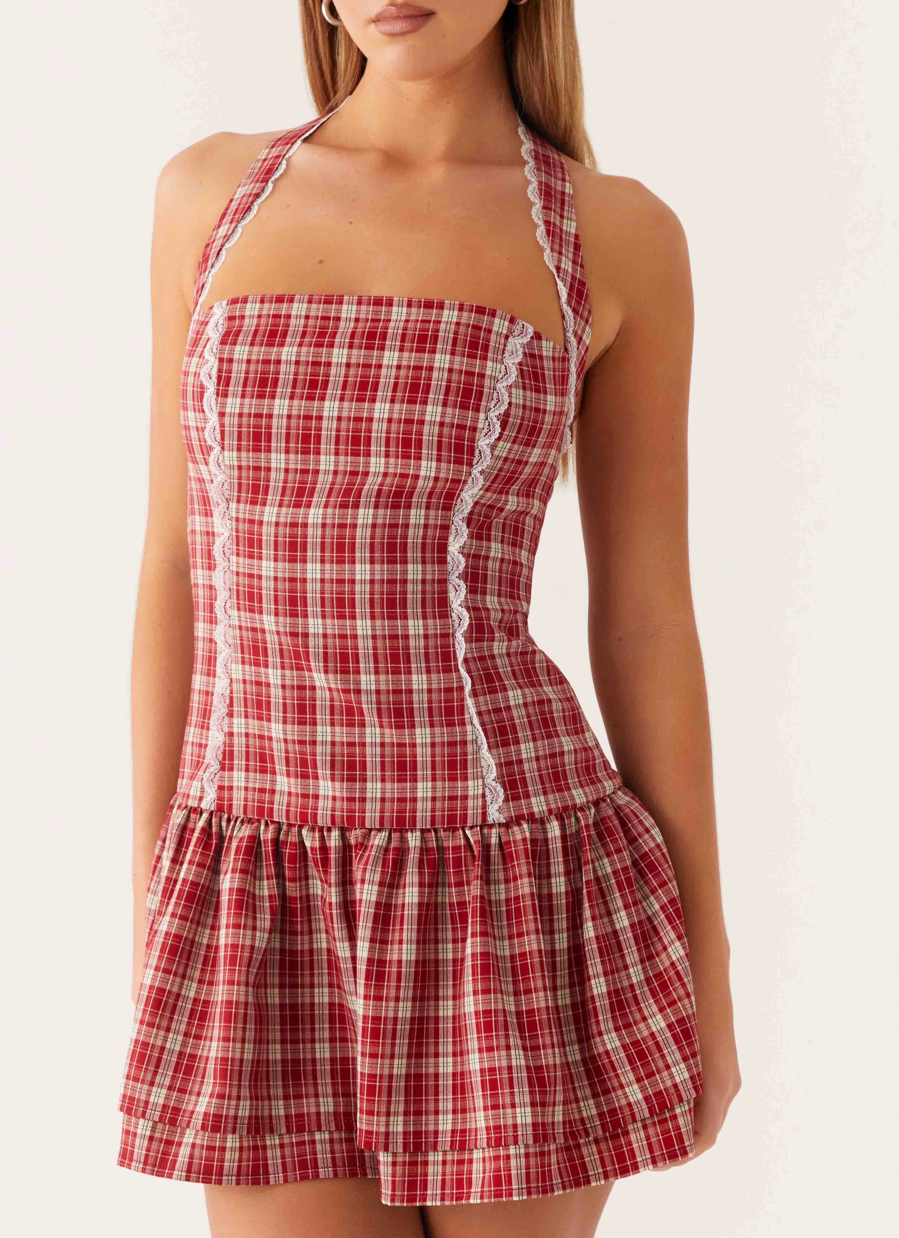 Lotus Dream Mini Dress - Ruby Check Perfectly Styled Slim Shape