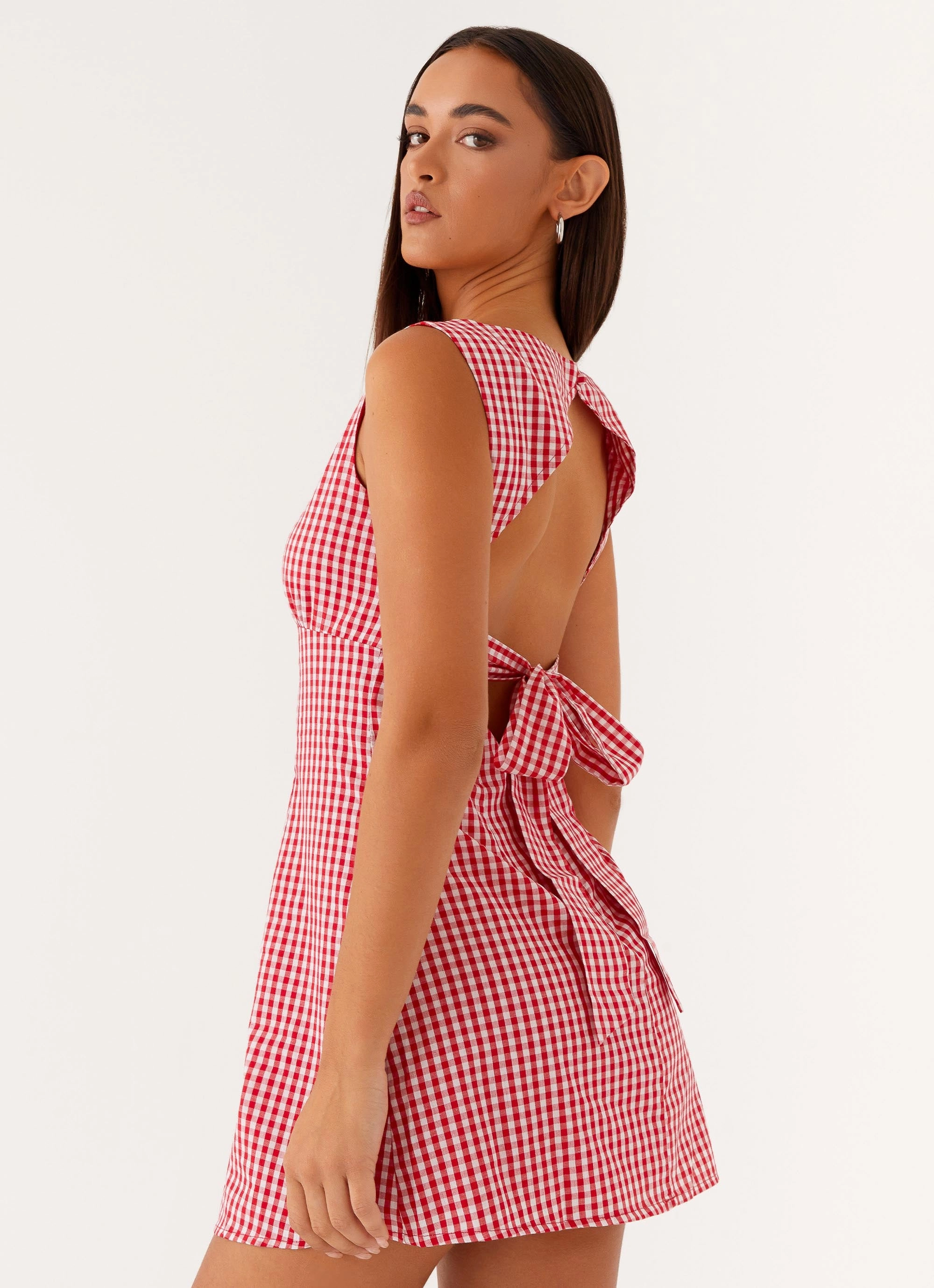 Gentle Texture Gift-Worthy Lotus Tie Back Mini Dress - Red Gingham