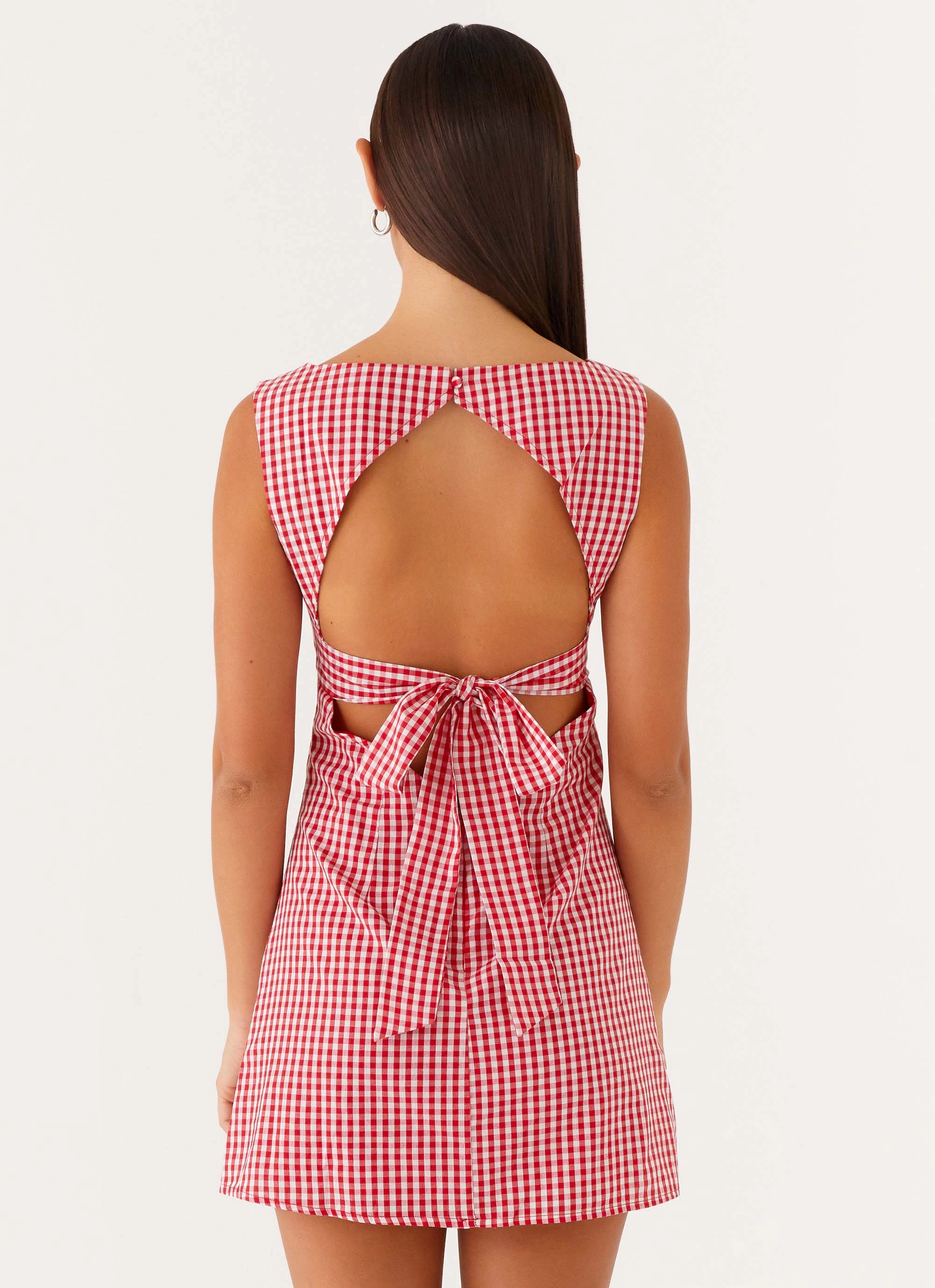 Lotus Tie Back Mini Dress - Red Gingham Evening Ready Shine Skin