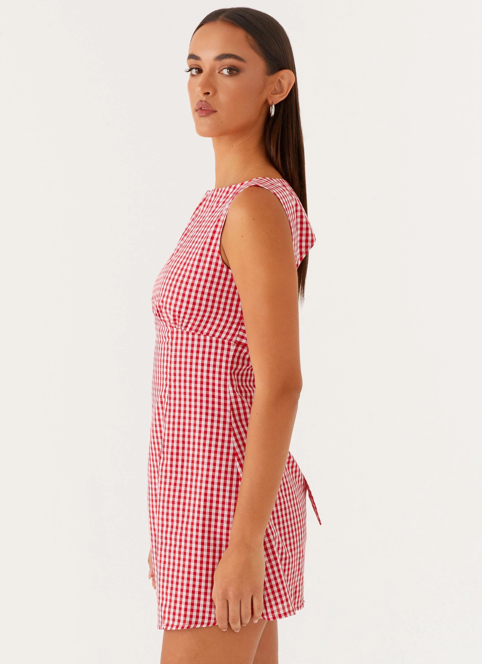 Lotus Tie Back Mini Dress - Red Gingham Bold Elegance Easy Movement