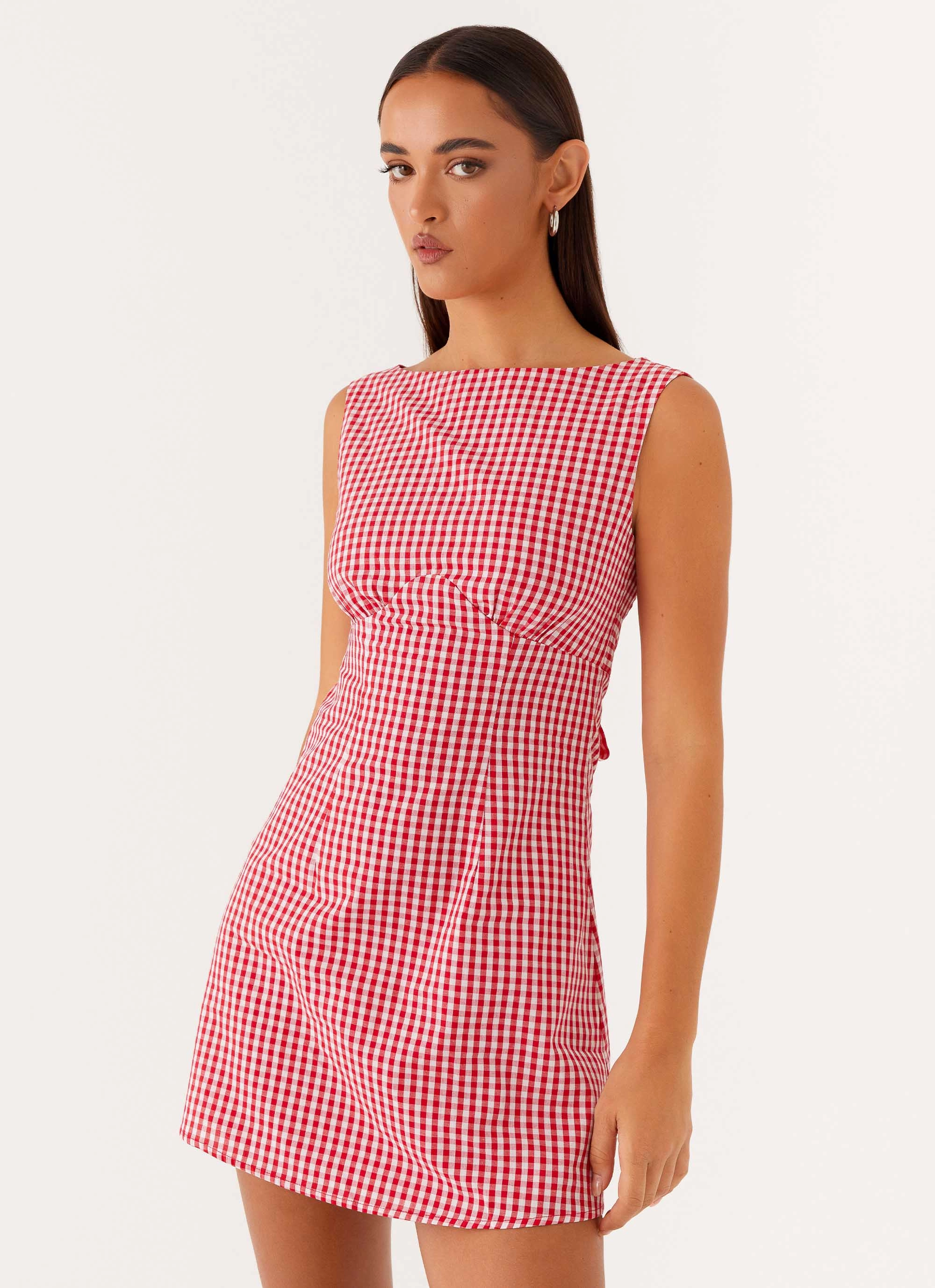 Studio Style Subtle pattern Lotus Tie Back Mini Dress - Red Gingham