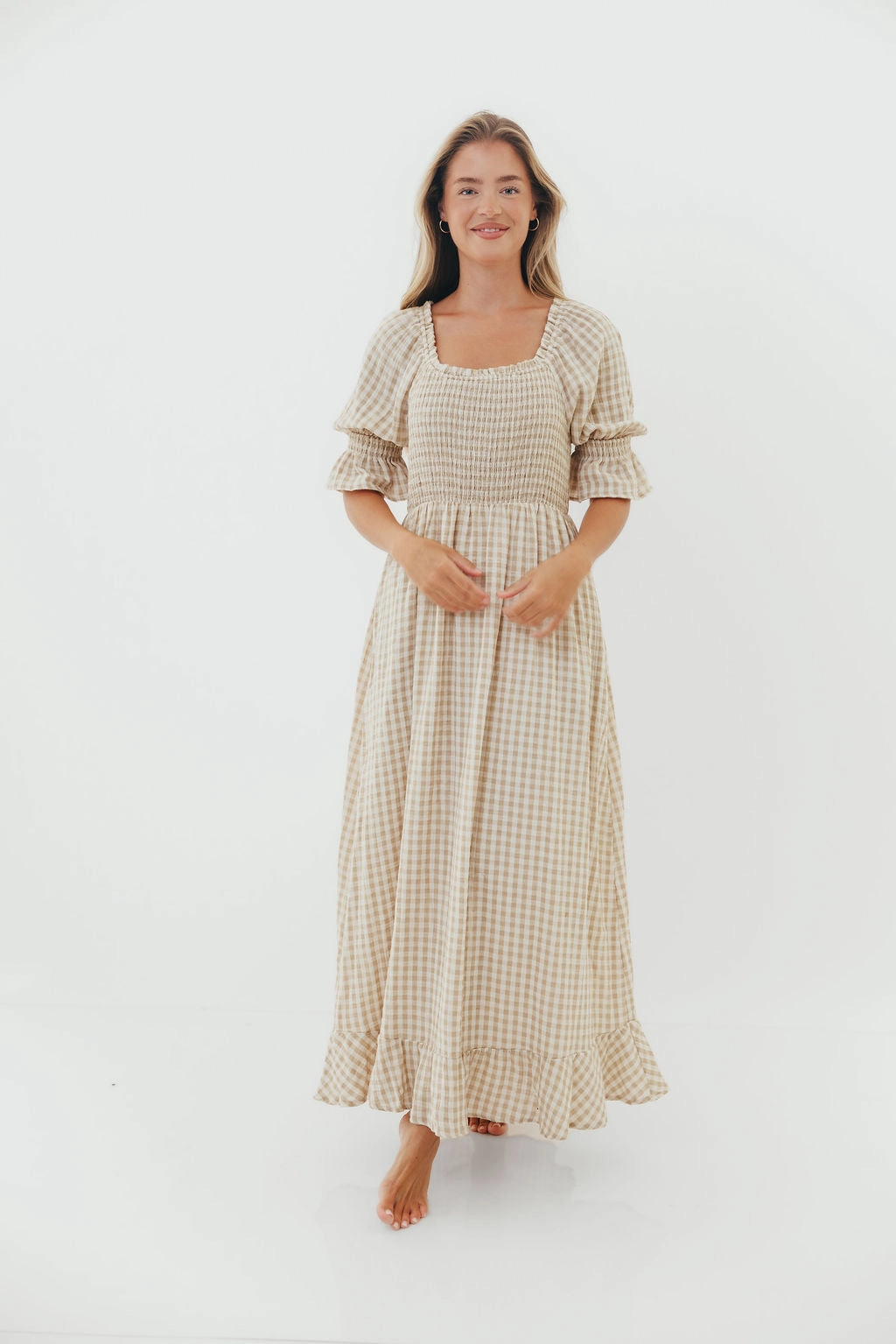 Sienna 100% Cotton Puff Sleeve Maxi Dress in Natural - Bump Friendly Silky-Lining