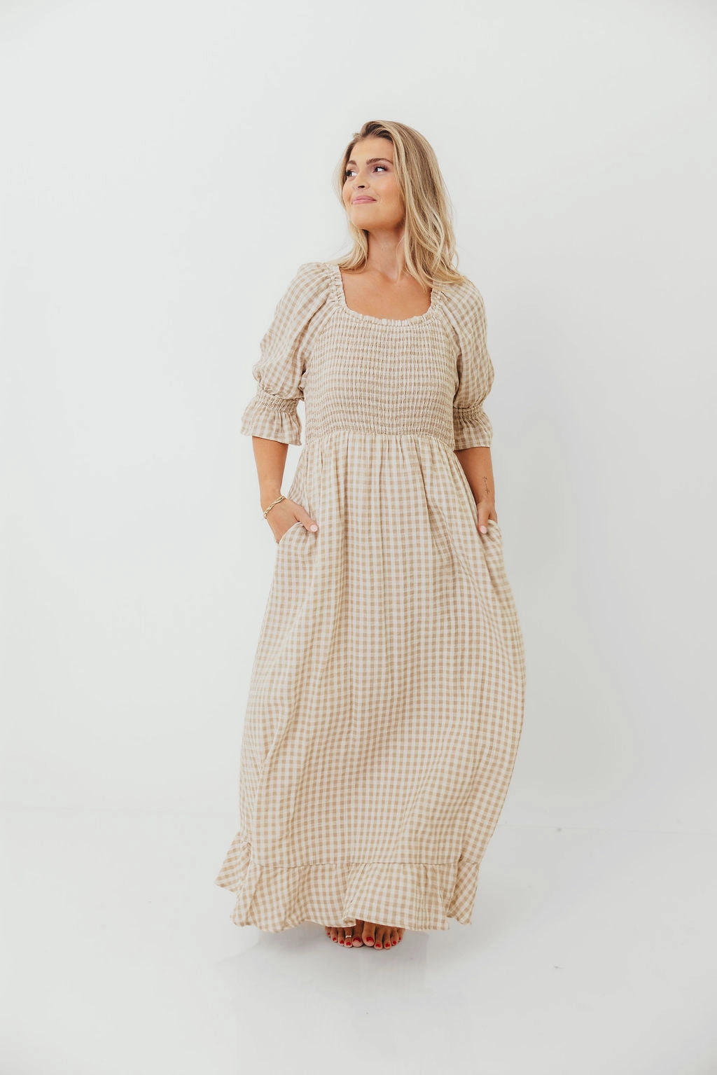 Sienna 100% Cotton Puff Sleeve Maxi Dress in Natural - Bump Friendly Soft Volume