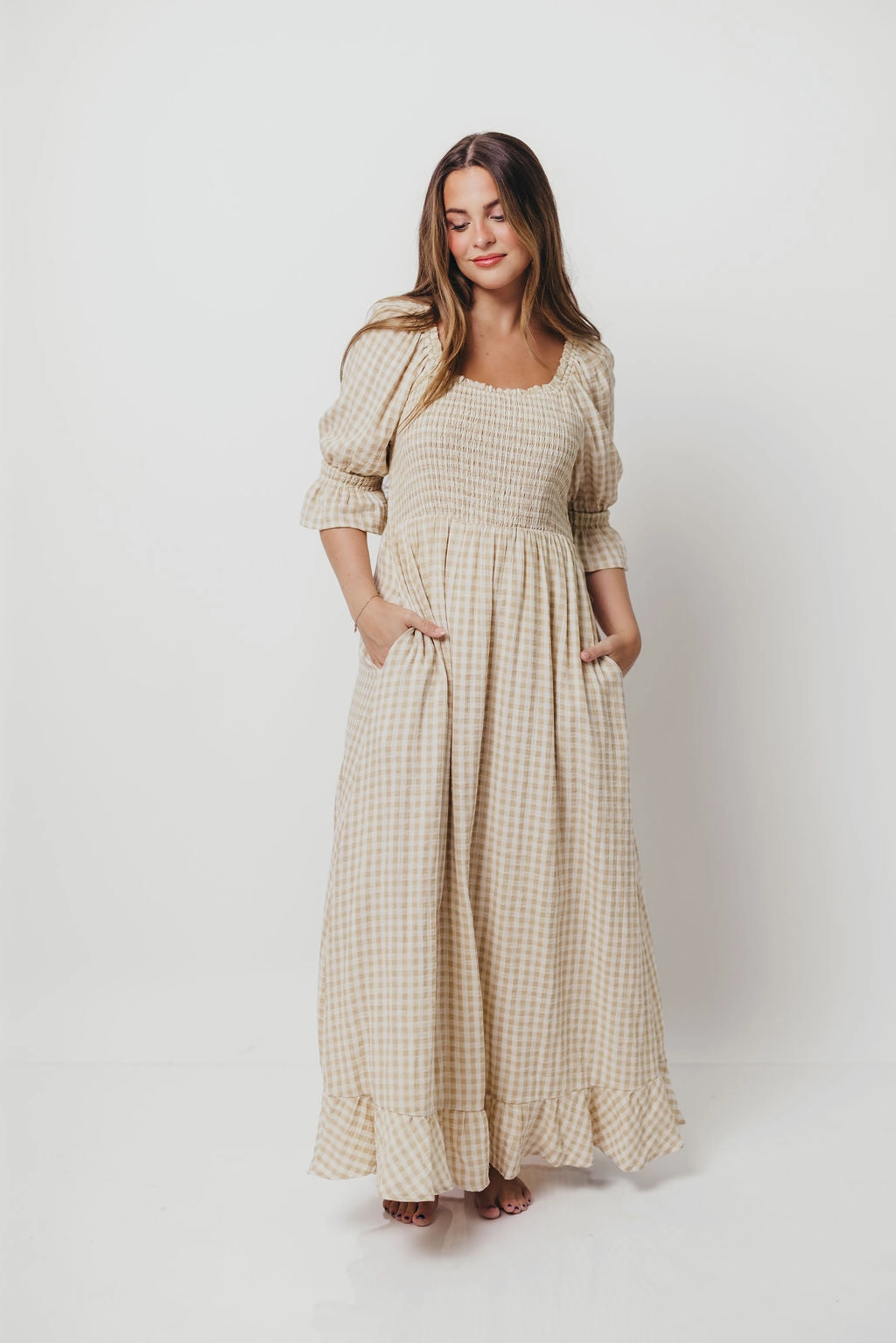 Edgy-Look Sienna 100% Cotton Puff Sleeve Maxi Dress in Natural - Bump Friendly