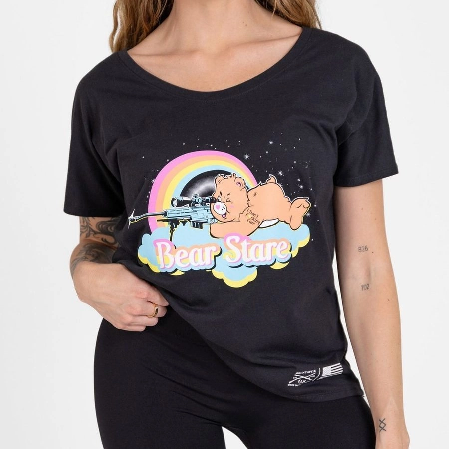 Women's Bear Stare Slouchy Fit T-Shirt - Black Cozy Design Chic Cut