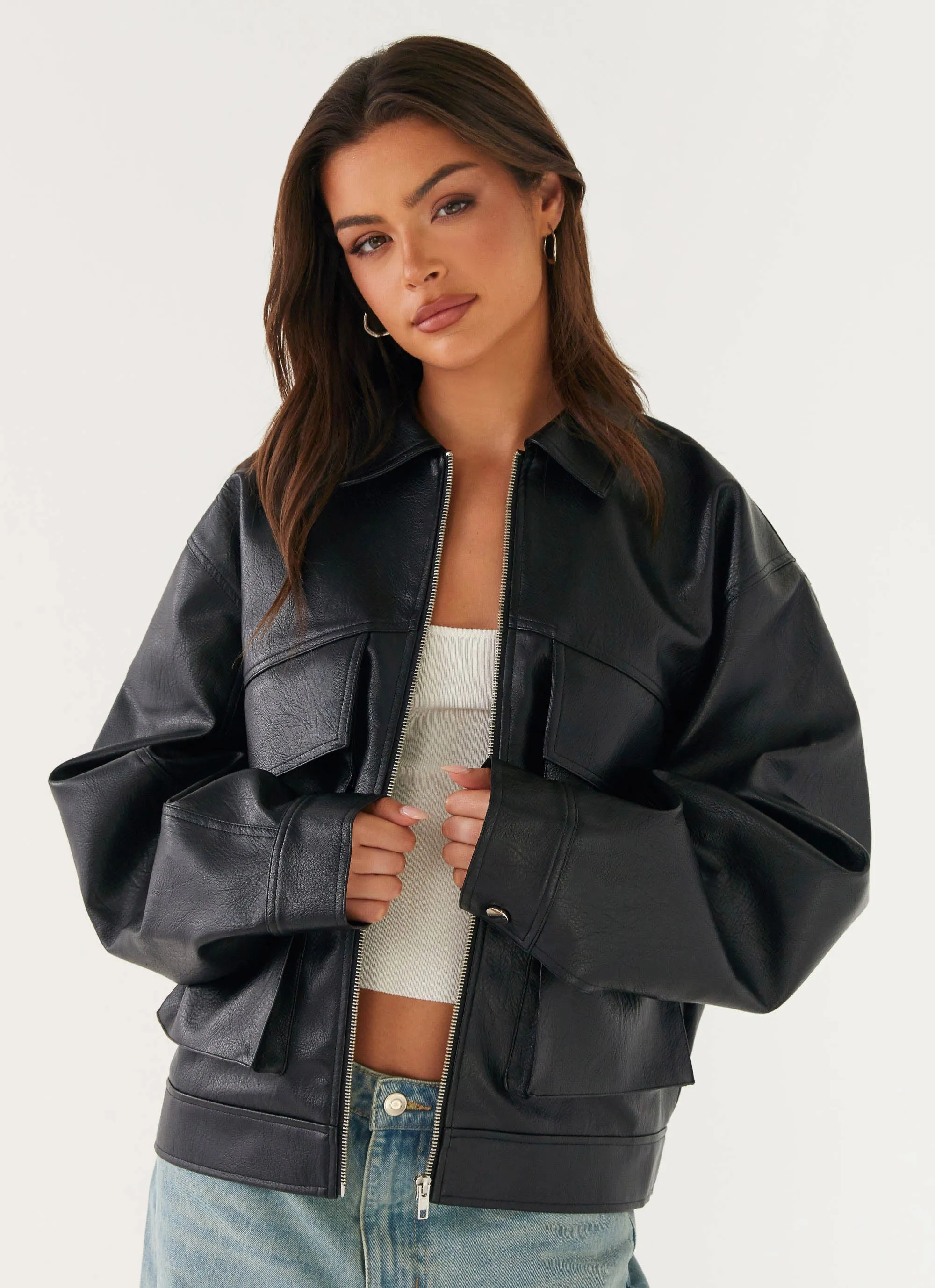Lula Faux Leather Bomber Jacket - Black Announce