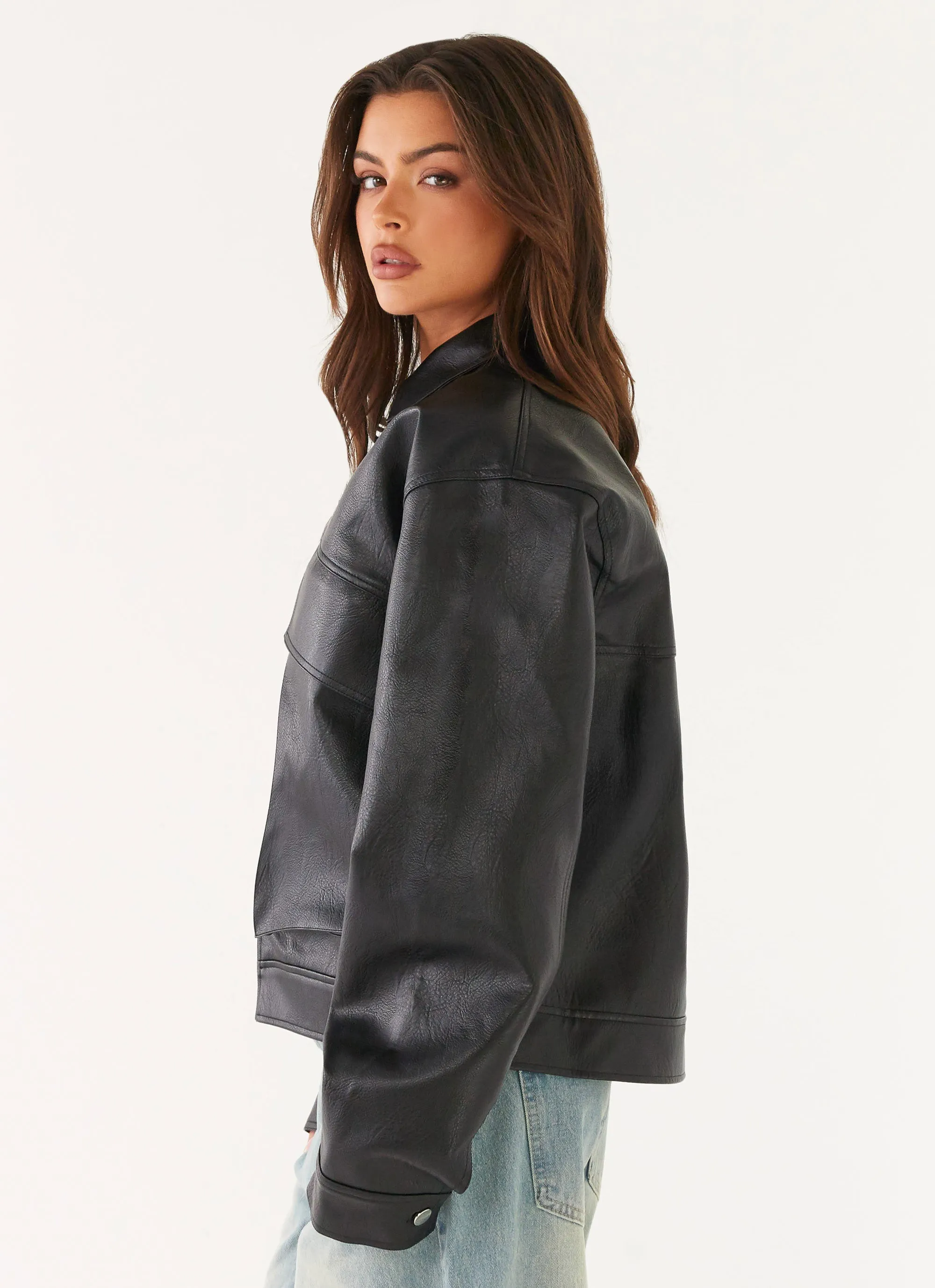 Lula Faux Leather Bomber Jacket - Black Outdoors Day Fearlessness