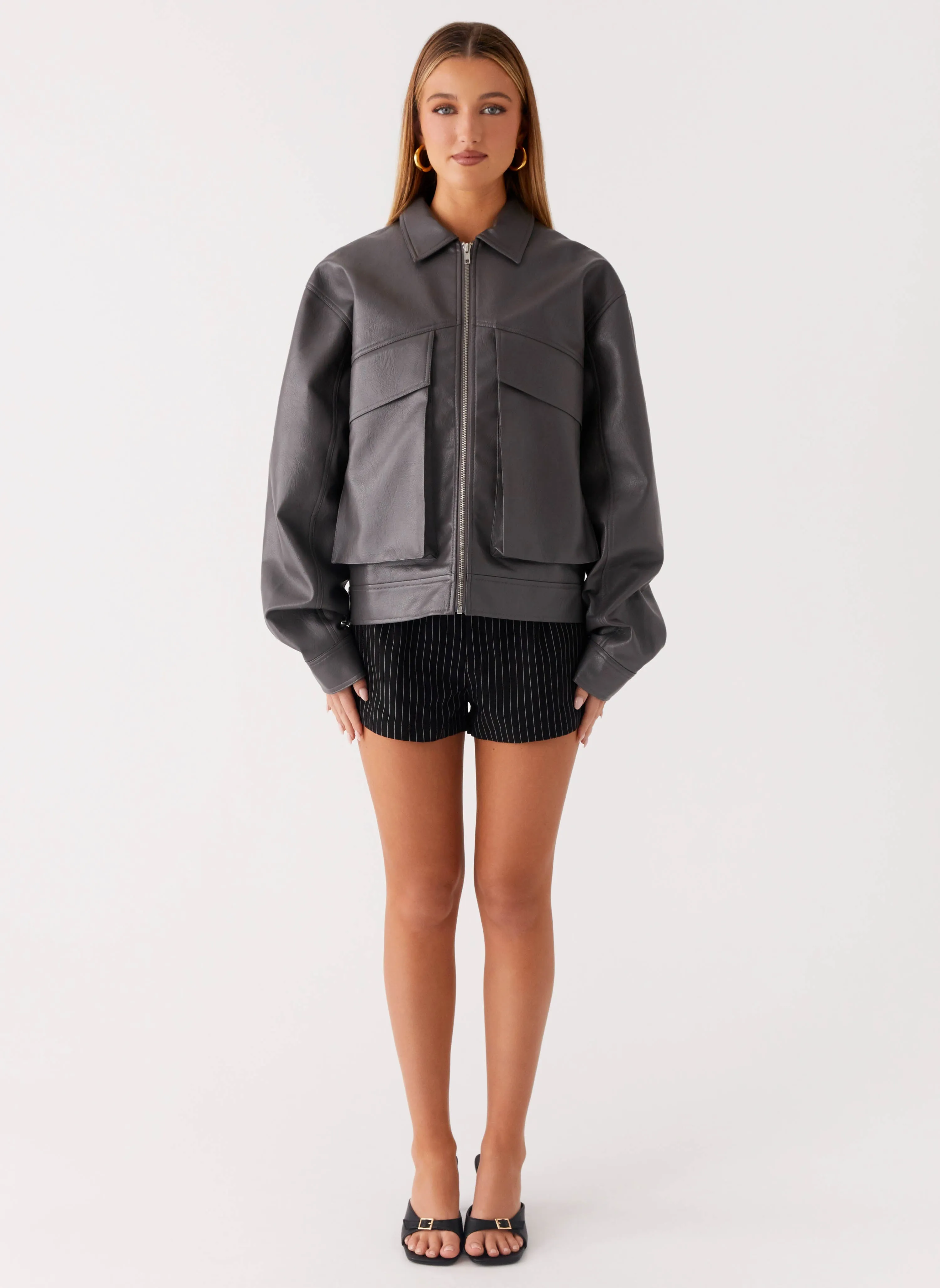 Lula Faux Leather Bomber Jacket - Charcoal Multi Pocket Design AbrasionResistant