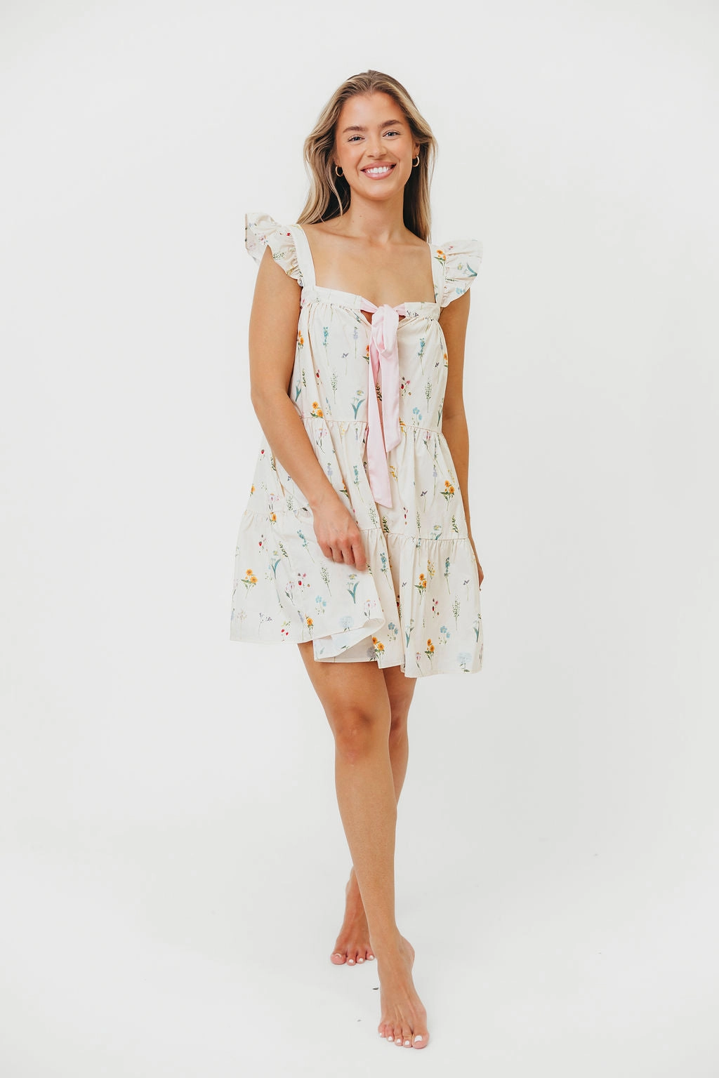 Lulu Flutter Sleeve Mini Dress in Floral Pearl-Detail