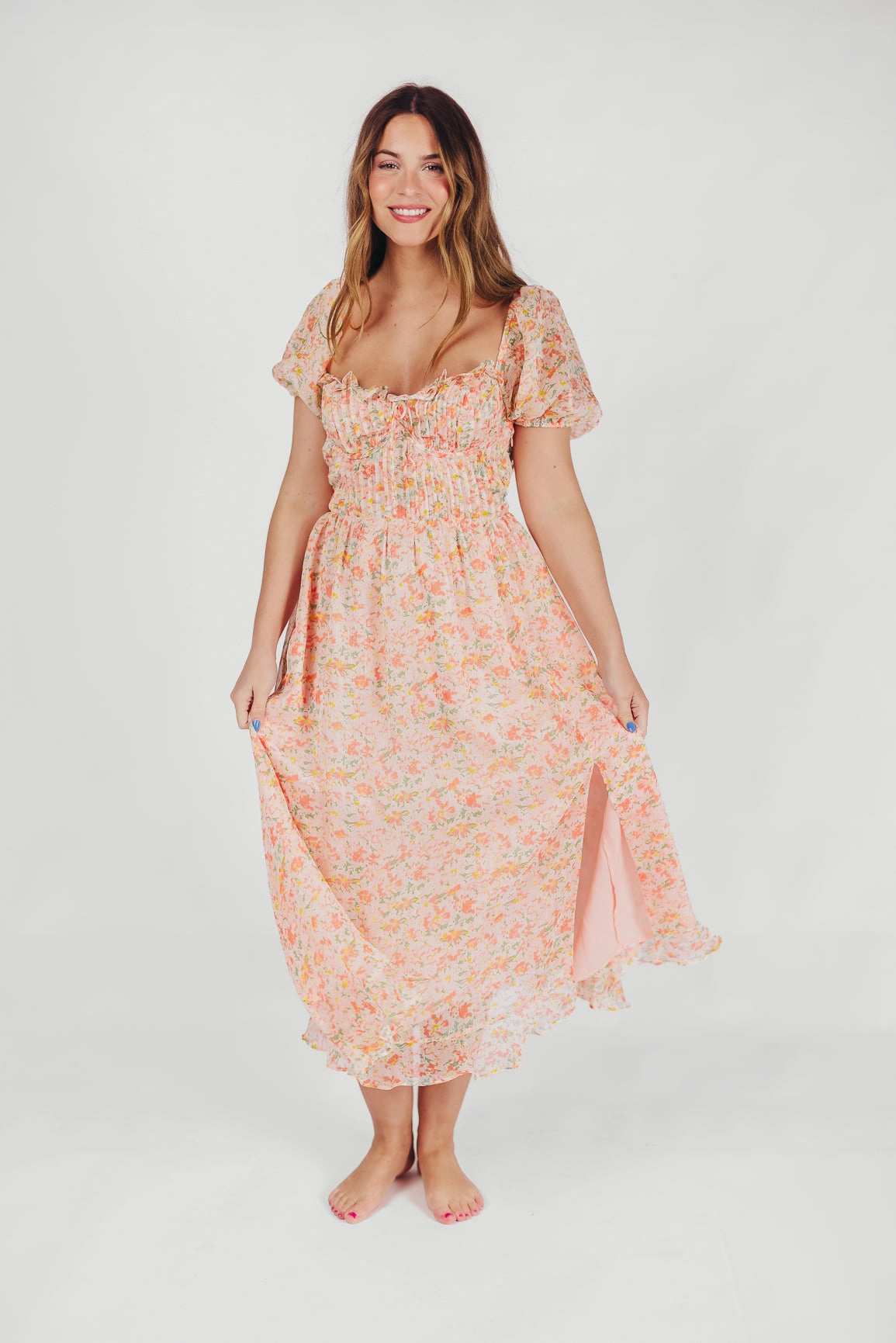 Clean Finish Stay Cool Lunaria Pleated Bustier Midi Dress in Orange Floral *Final-Sale*