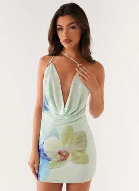 Bohemian Bliss Mesh Mini Dress - Green Floral Visual Balance