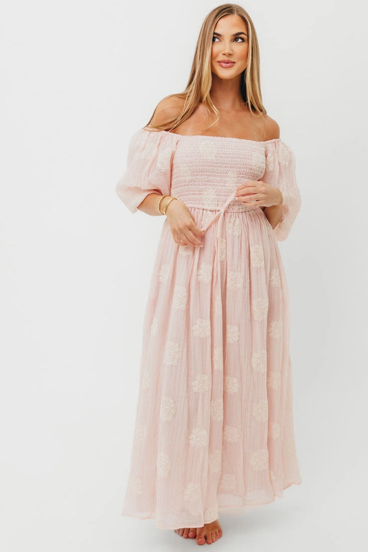 Relaxed Style summer breeze Aimee Smocked Embroidered Floral Midi Dress in Blush