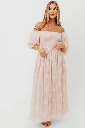Relaxed Style summer breeze Aimee Smocked Embroidered Floral Midi Dress in Blush