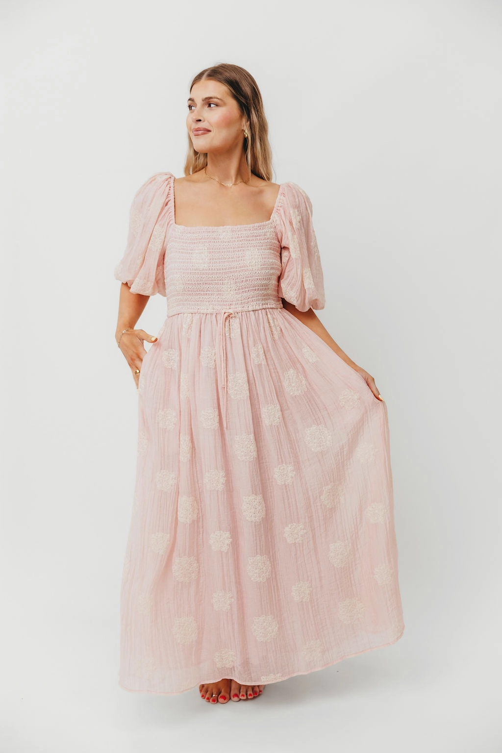 Aimee Smocked Embroidered Floral Midi Dress in Blush Chic Rhythm