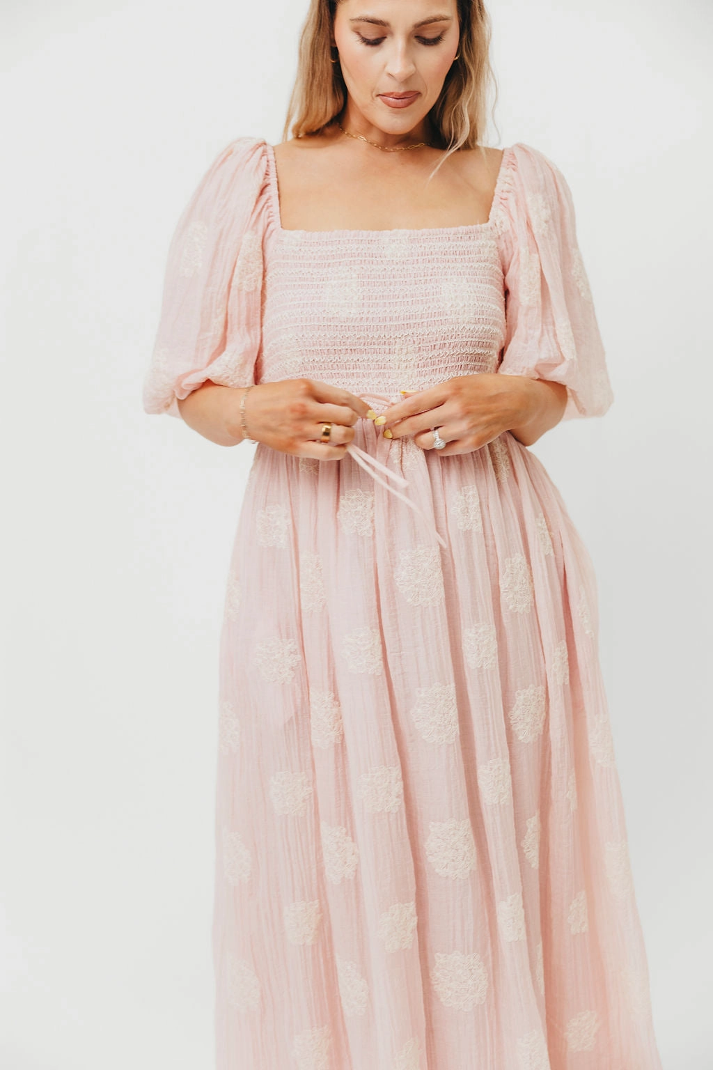 Grace Soft Aimee Smocked Embroidered Floral Midi Dress in Blush