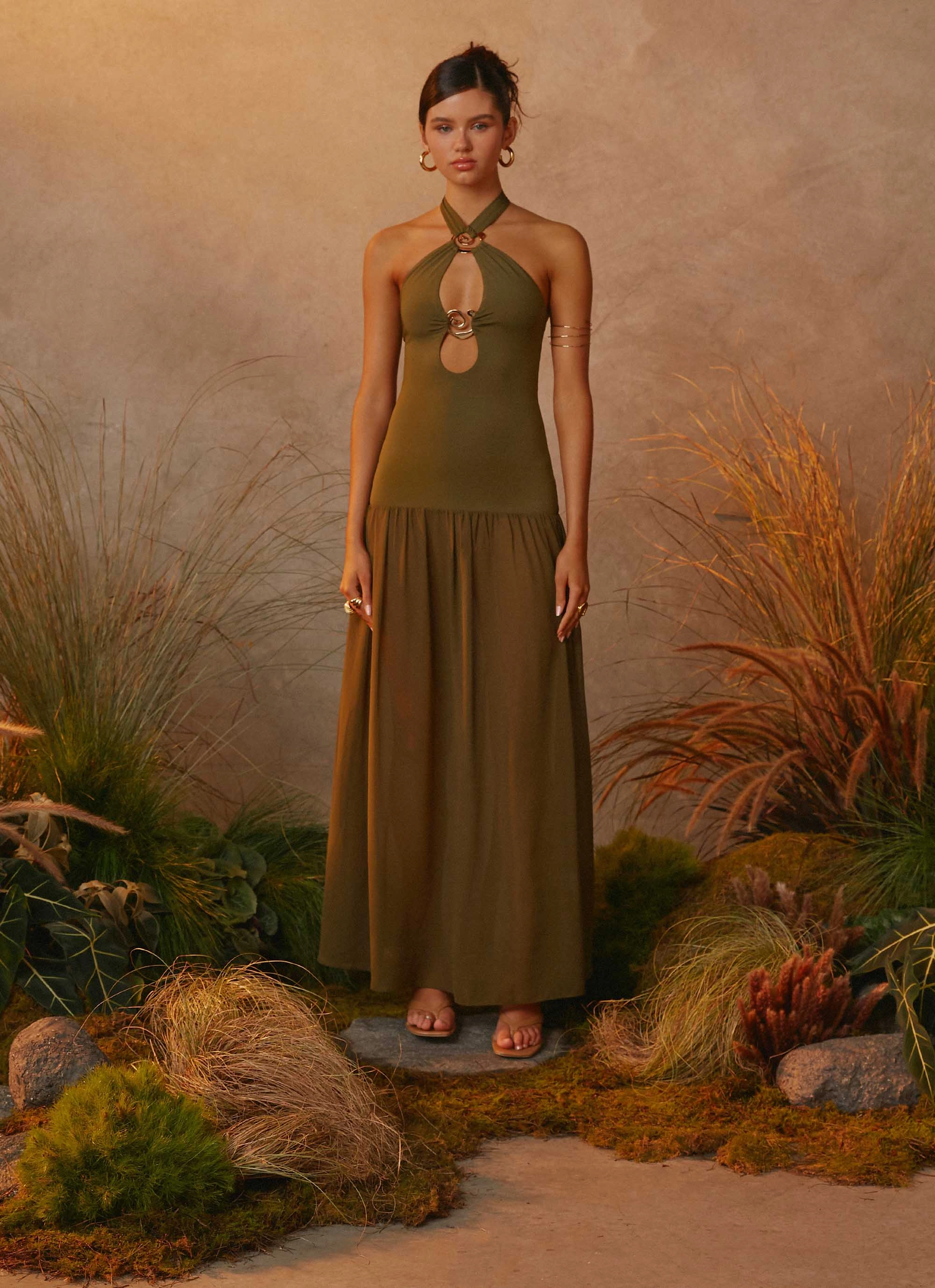 Cypress Kiss Maxi Dress - Khaki Artistic Flair Relaxed Fit