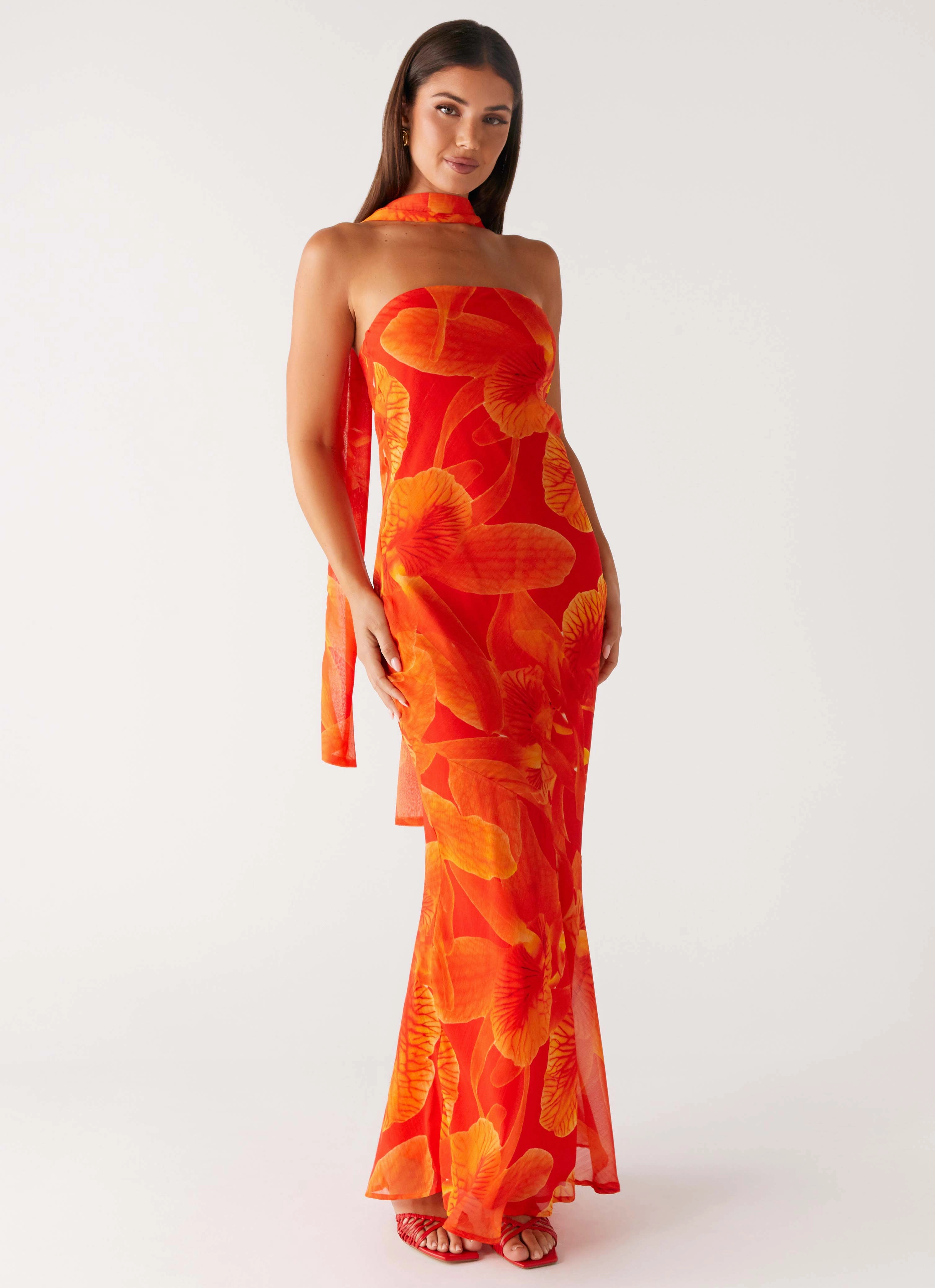 Petite friendly Cotton-Blend Under The Pagoda Maxi Dress - Orange Floral