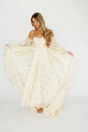 Delilah Maxi Dress With Train in Cream Floral - Bump Friendly Perfect Day-to-Night Vibrant Colors