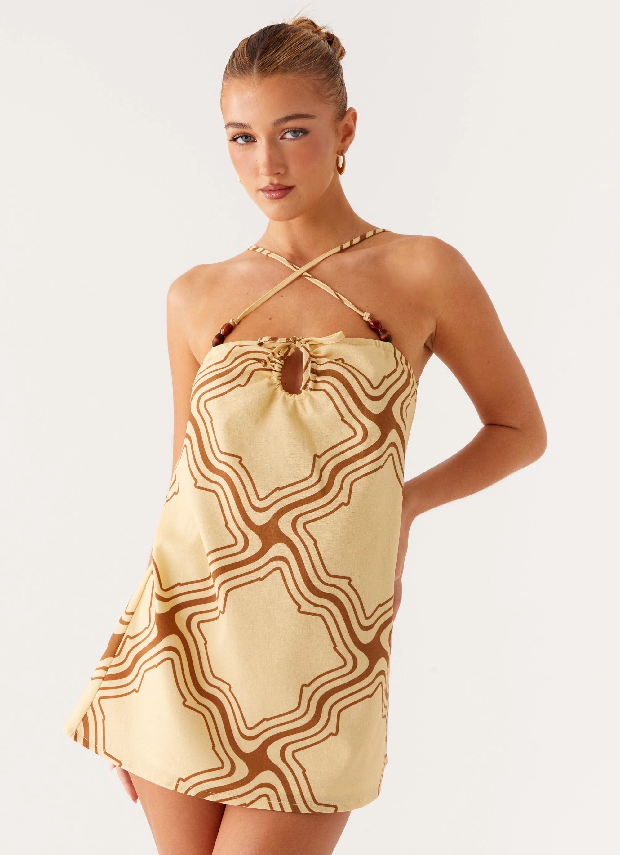 Stain-Resistant Naomi Criss Cross Mini Dress - Tidal Wave Print