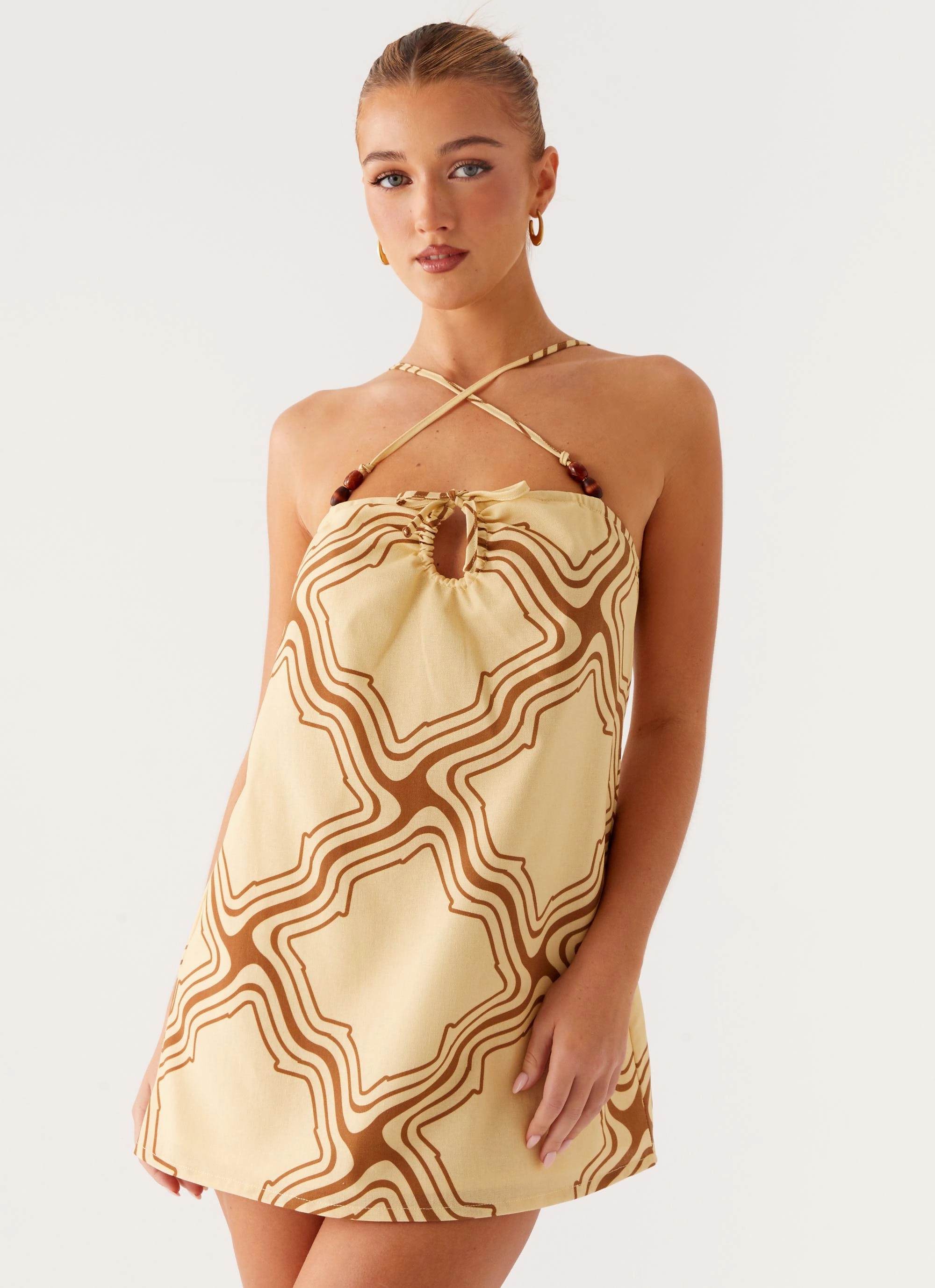 Scalloped-Edge Flare Breeze Naomi Criss Cross Mini Dress - Tidal Wave Print