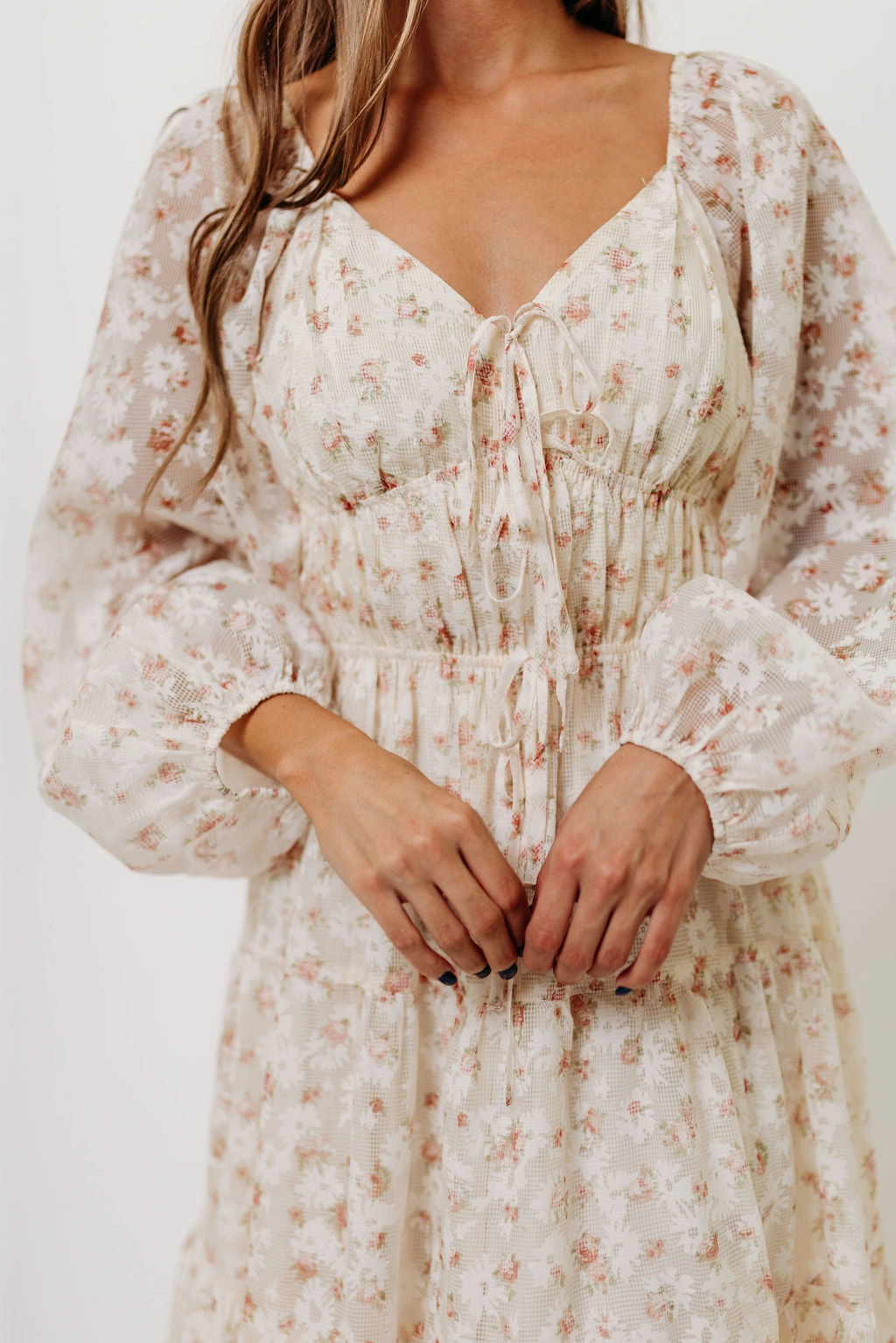 Macklynn V-Neck Long Sleeve Tier Maxi Dress in Cream/Orange Floral Cool Comfort Trendy wrap gown