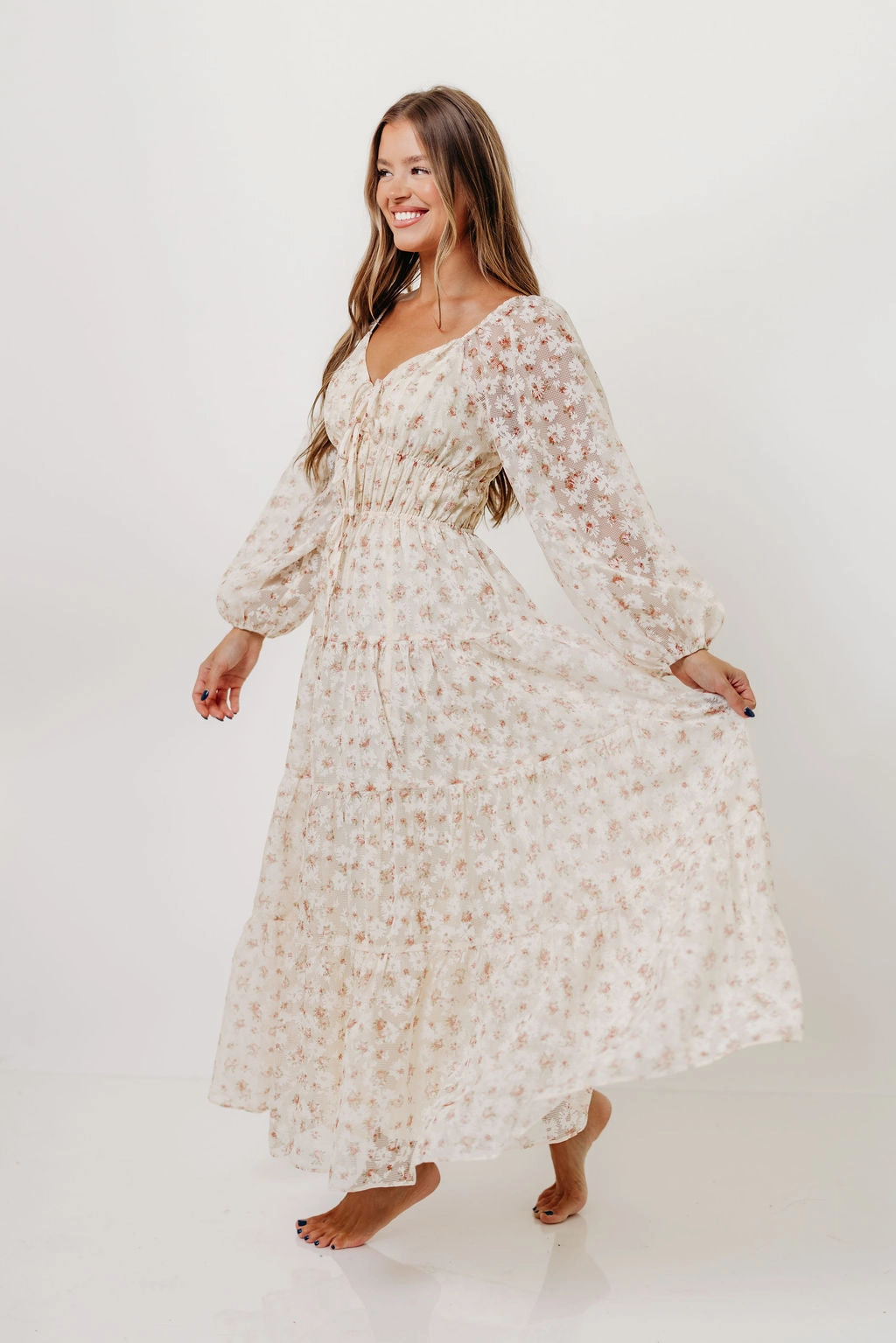 Sleek Vibe Formed Look Macklynn V-Neck Long Sleeve Tier Maxi Dress in Cream/Orange Floral