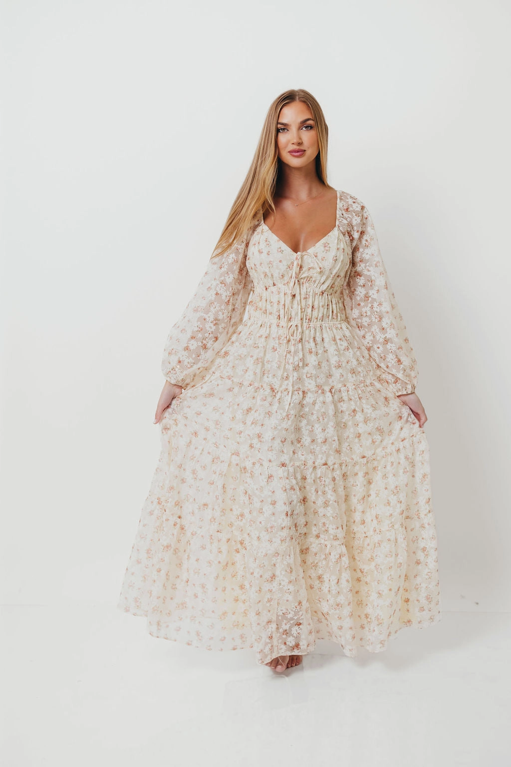 Macklynn V-Neck Long Sleeve Tier Maxi Dress in Cream/Orange Floral sweet moment