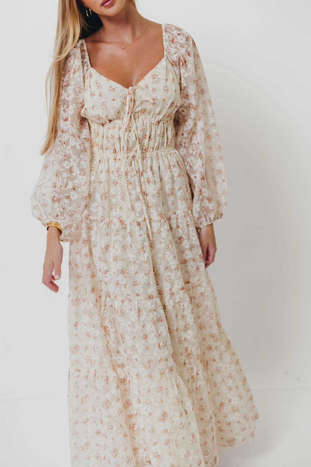 Macklynn V-Neck Long Sleeve Tier Maxi Dress in Cream/Orange Floral Feminine full-length gown Vibe Choice